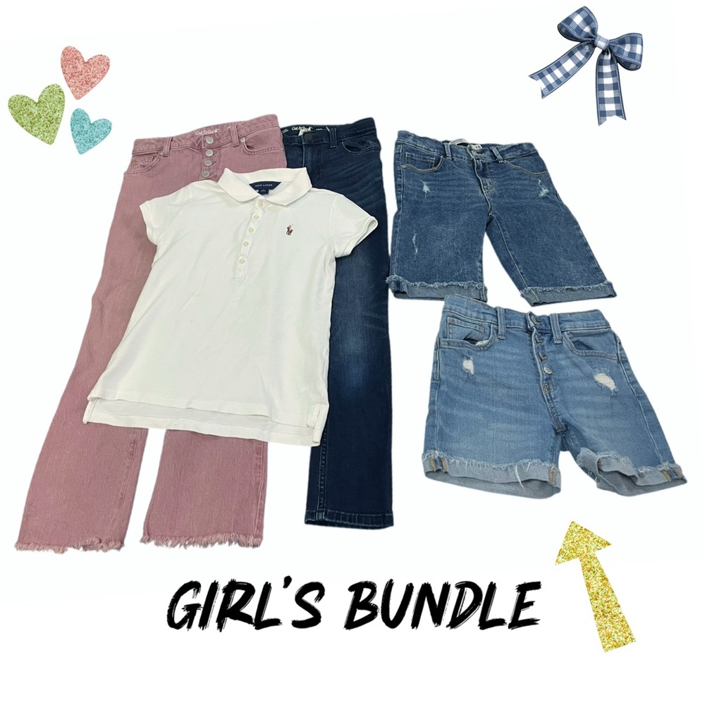 Girls Sz 10 bundle 2 Jean shorts , 2 denim Jeans , 1 polo shirt ( 5 items)